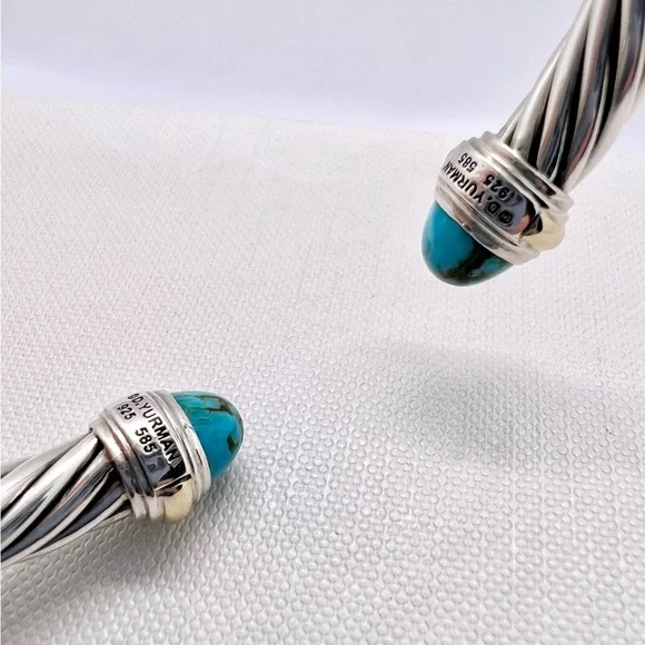 David Yurman Sterling Silver & 14K Gold Turquoise Cable Bracelet - Picture 14 of 14